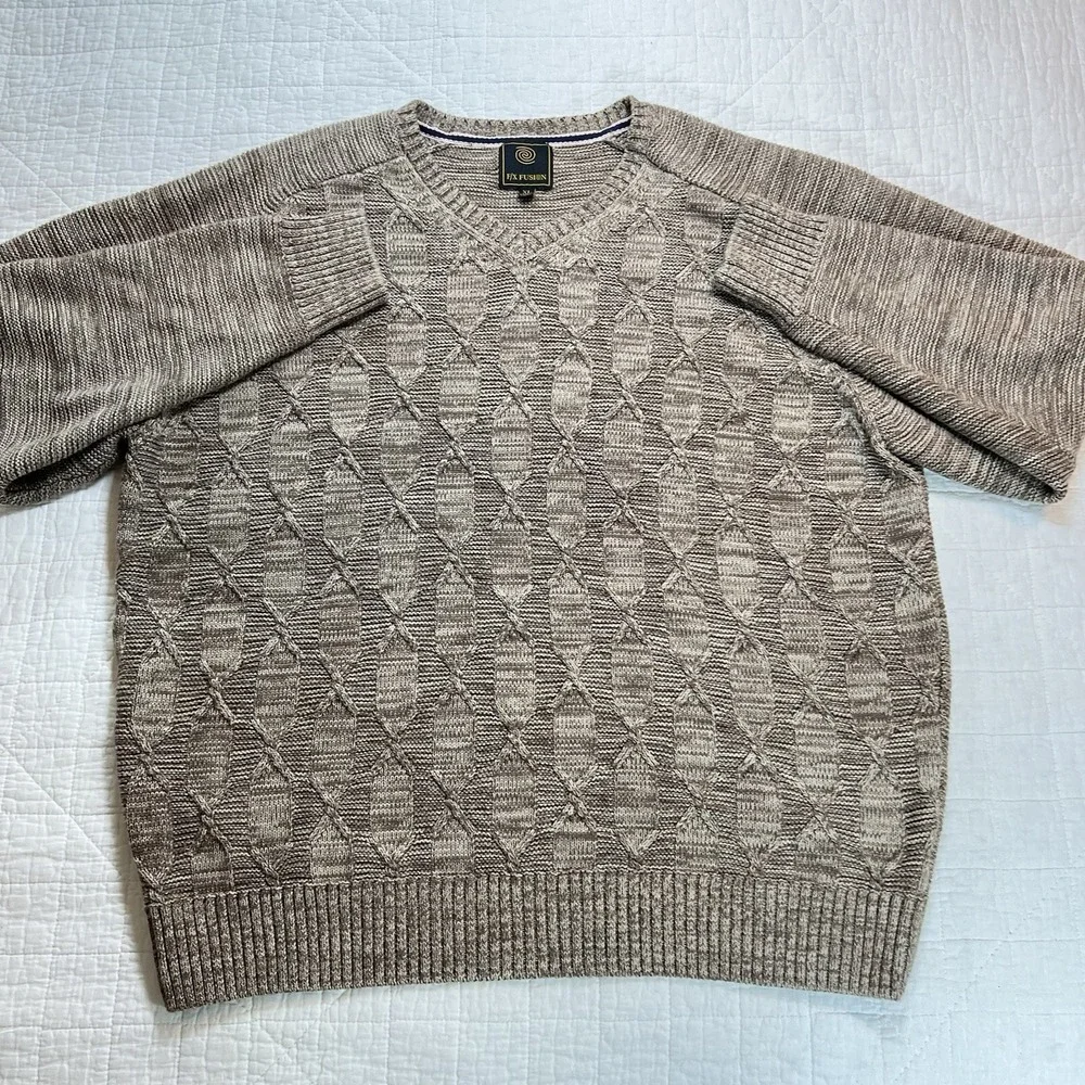 FX Fusion Cable Knit Grandpa Sweater V-Neck Drop Down Khaki Color Men's Size XL - Picture 2 of 7